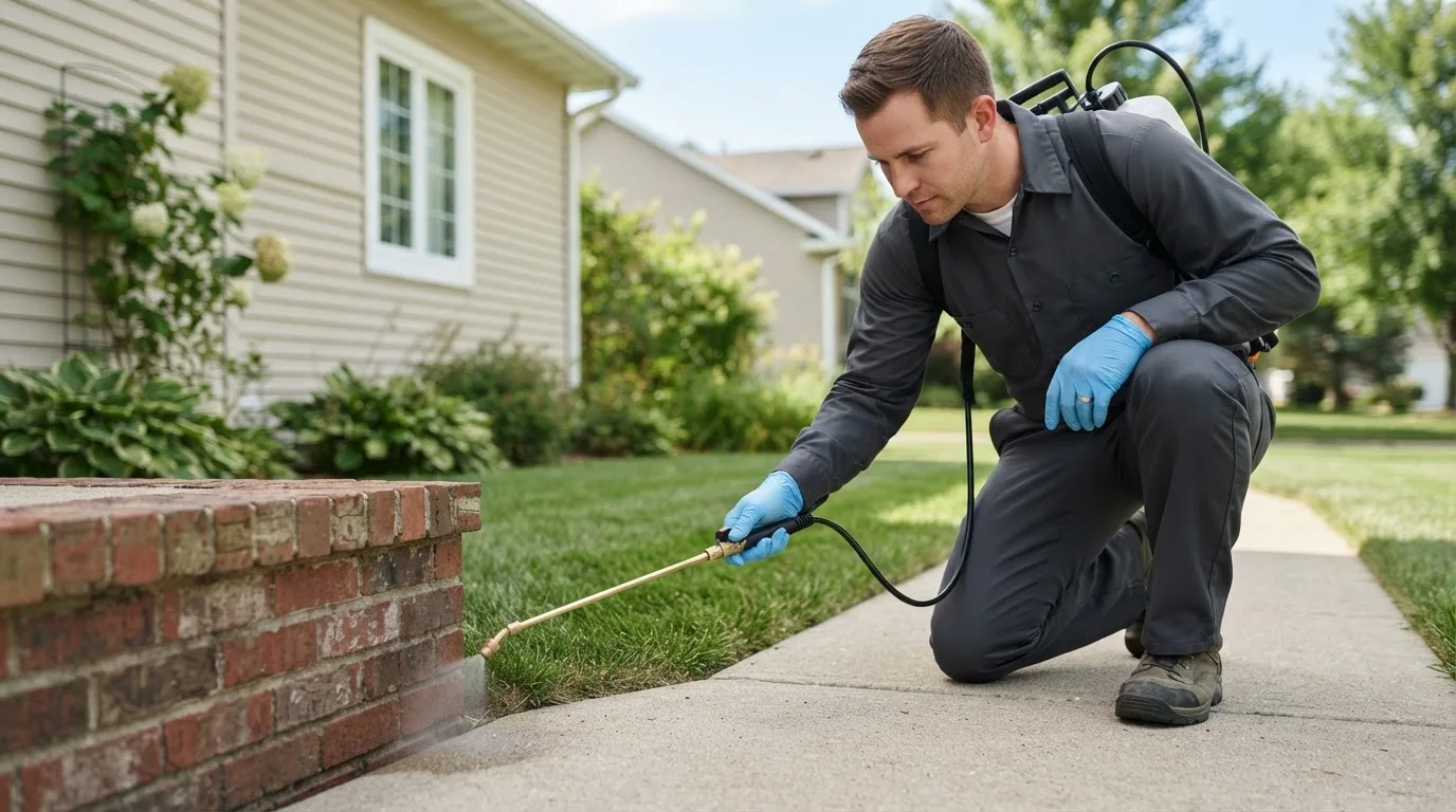 Pest control technician treating a home near North Monmouth, ME