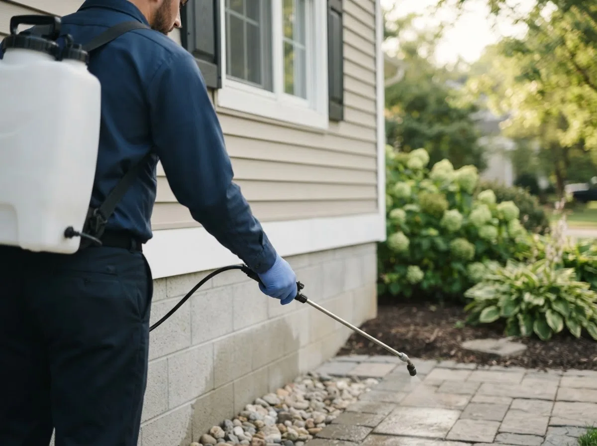 Pest control technician inspecting a home in North Monmouth, ME